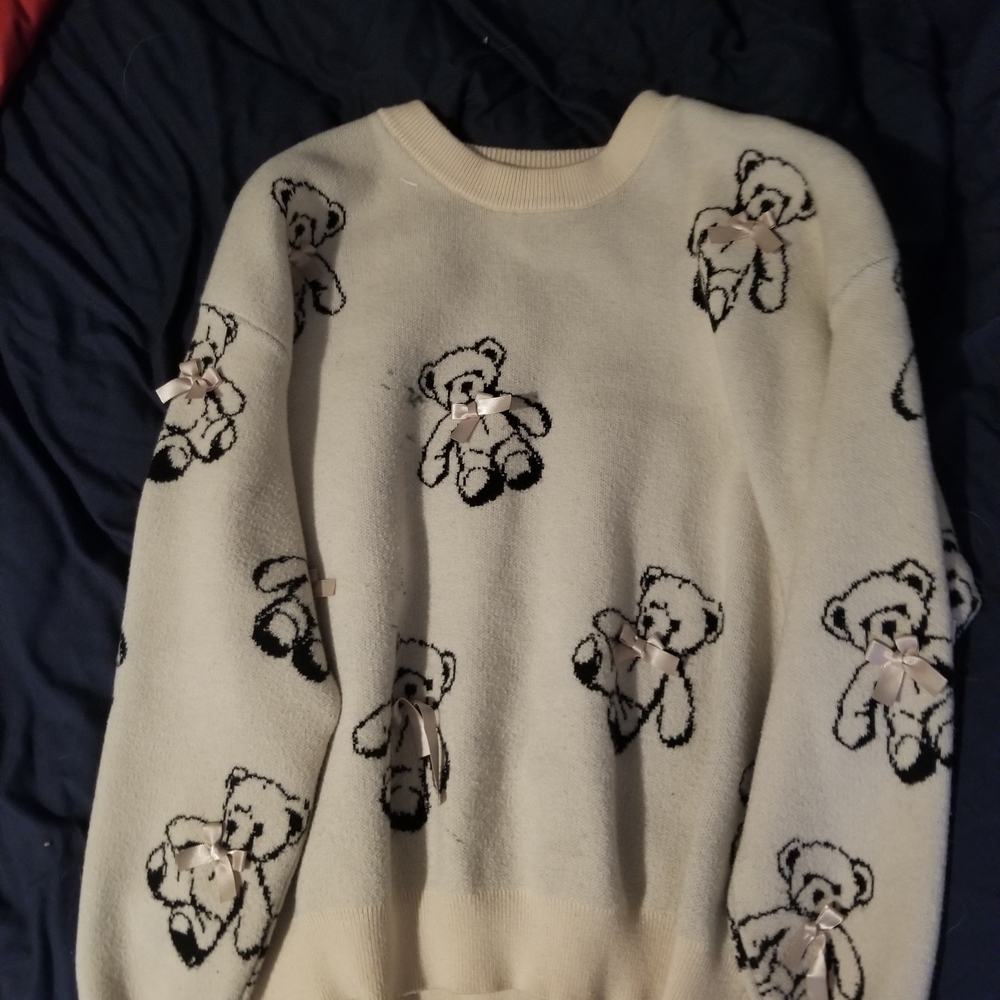 Forever 21 Cream and Black Crew Neck Sweater with Playful Design